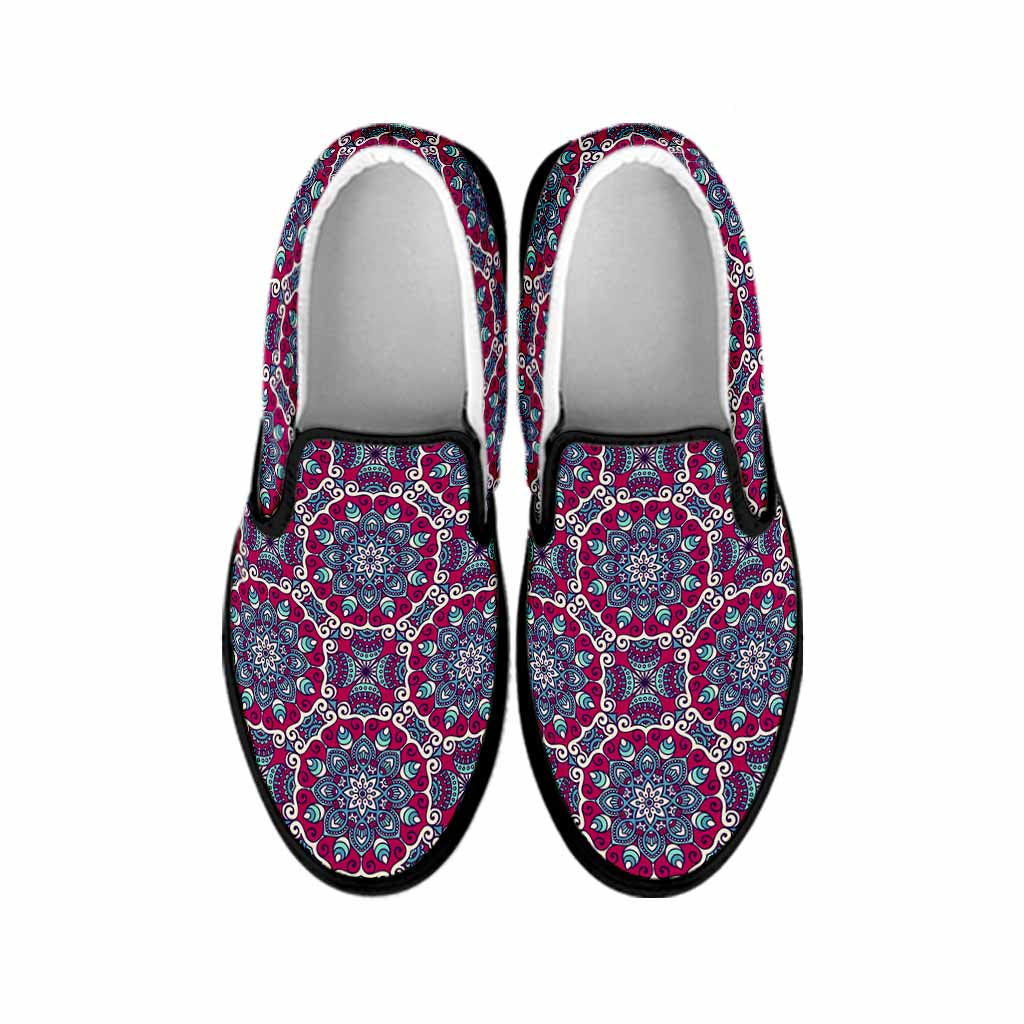 Magenta Mandala Bohemian Pattern Print Black Slip On Sneakers