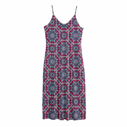 Magenta Mandala Bohemian Pattern Print Jersey Midi Cami Dress