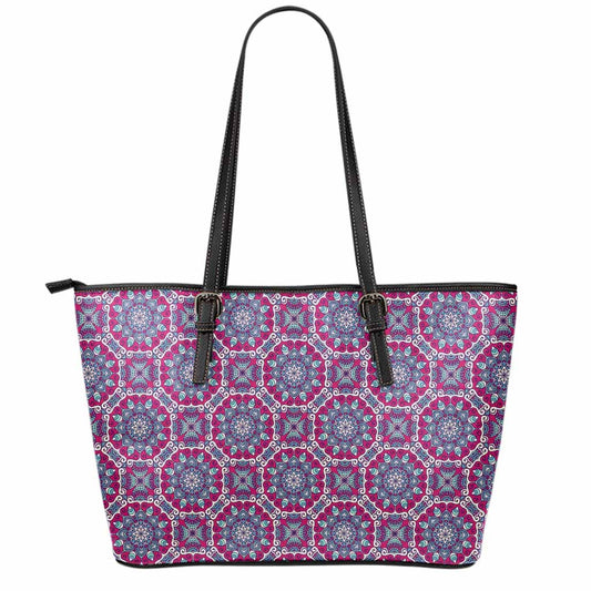Magenta Mandala Bohemian Pattern Print Leather Tote Bag