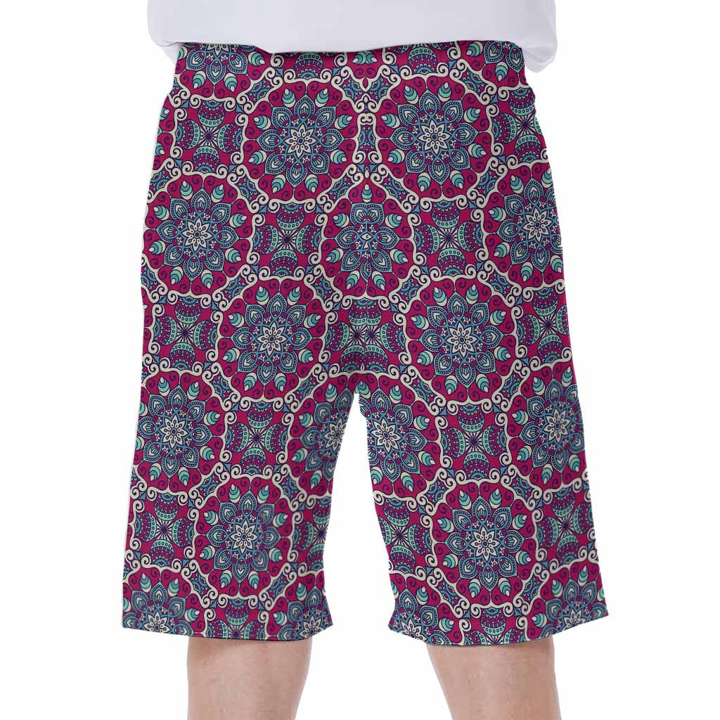 Magenta Mandala Bohemian Pattern Print Men's Beach Shorts