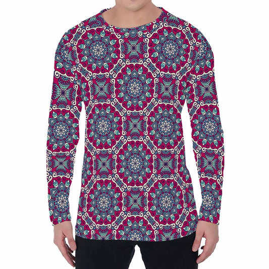 Magenta Mandala Bohemian Pattern Print Men's Long Sleeve T-Shirt