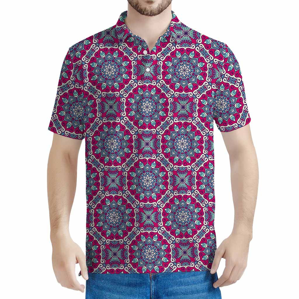Magenta Mandala Bohemian Pattern Print Men's Polo Shirt