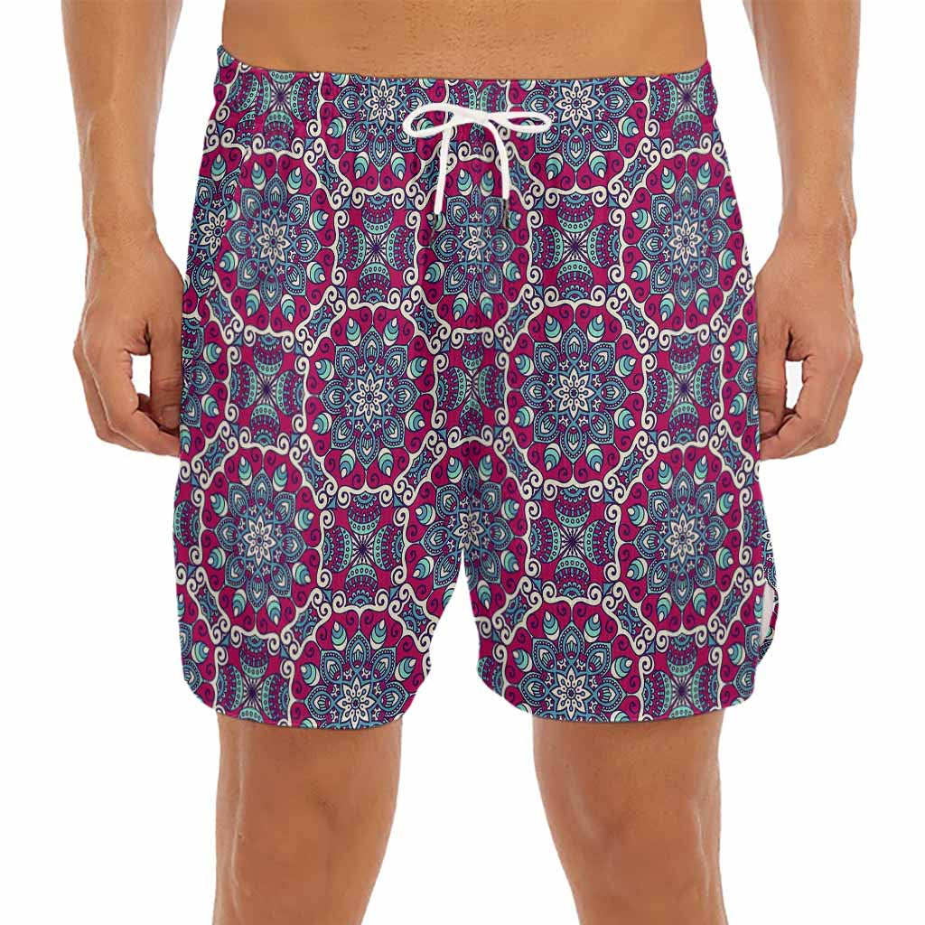 Magenta Mandala Bohemian Pattern Print Men's Split Running Shorts