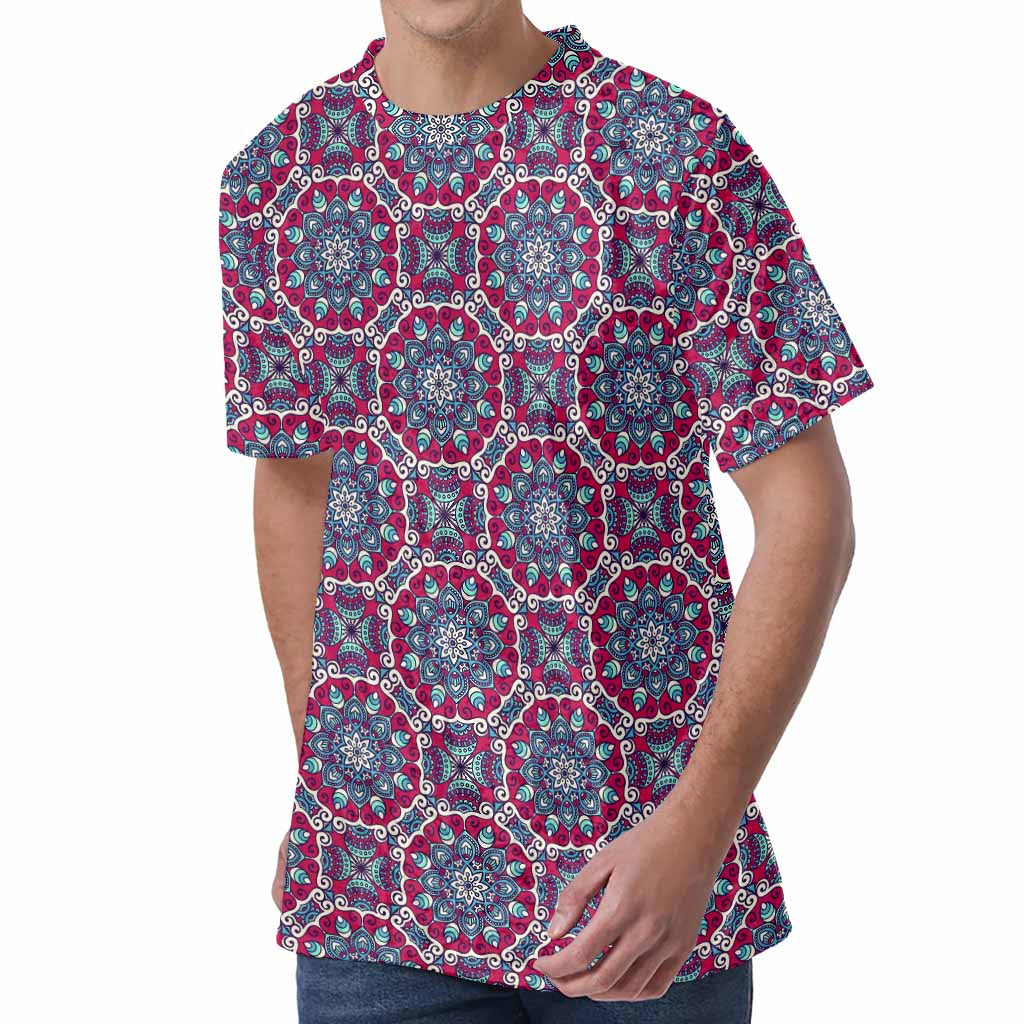 Magenta Mandala Bohemian Pattern Print Men's Velvet T-Shirt