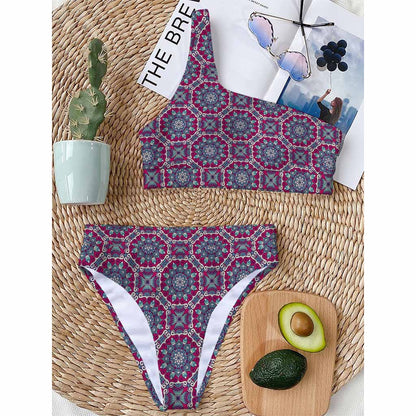 Magenta Mandala Bohemian Pattern Print One Shoulder Bikini Top