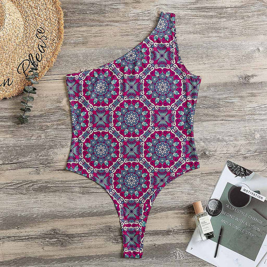 Magenta Mandala Bohemian Pattern Print One Shoulder Bodysuit