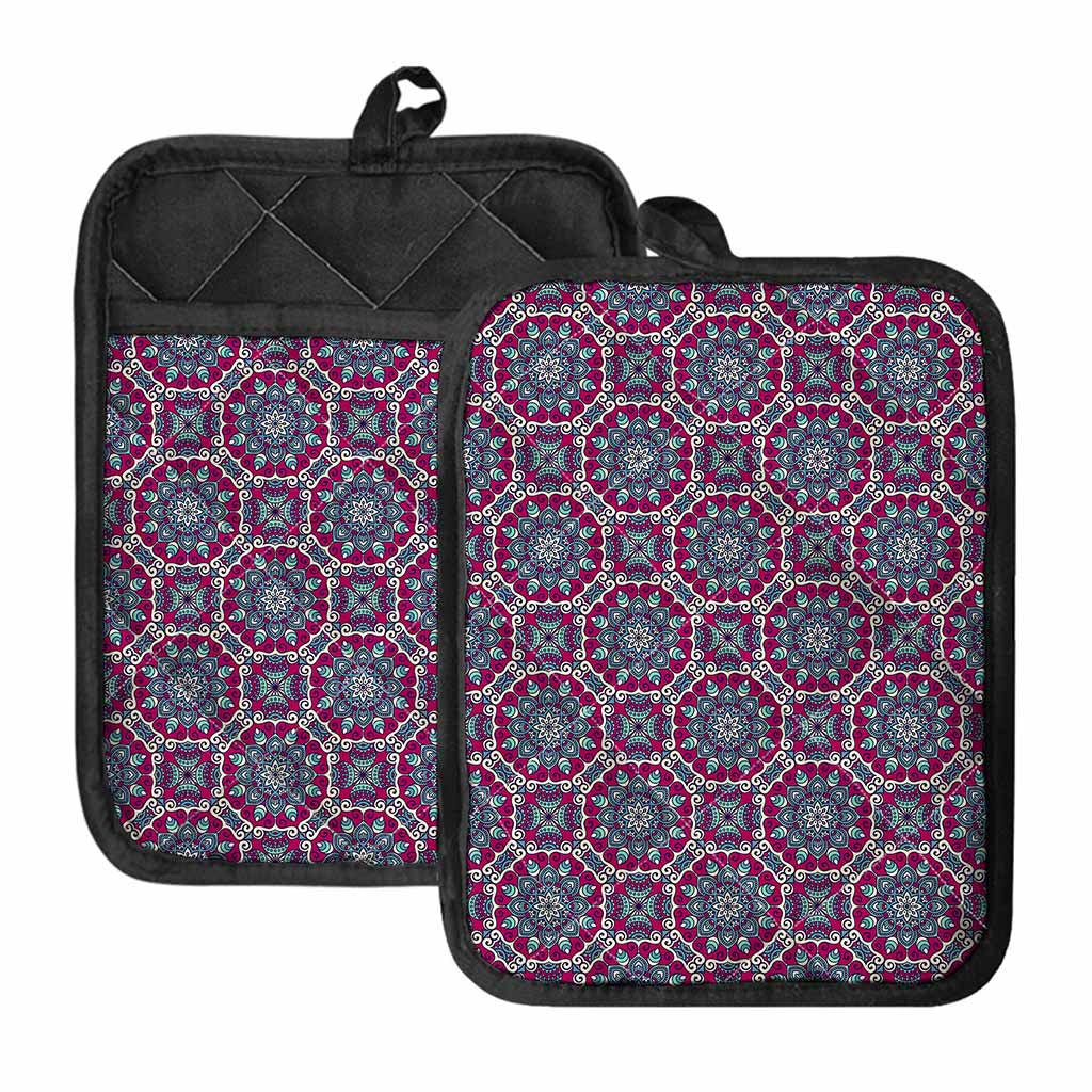 Magenta Mandala Bohemian Pattern Print Pot Holders With Pocket