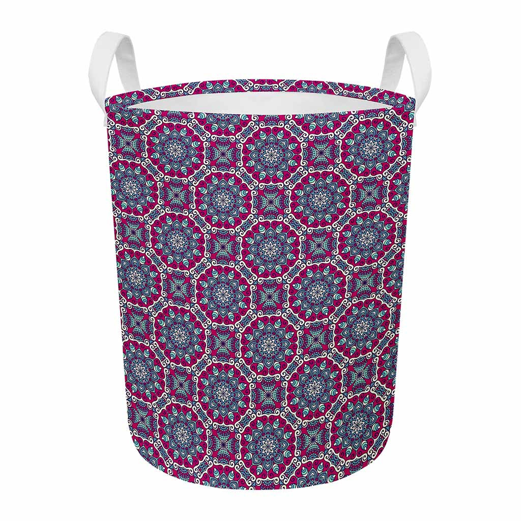 Magenta Mandala Bohemian Pattern Print Round Laundry Basket