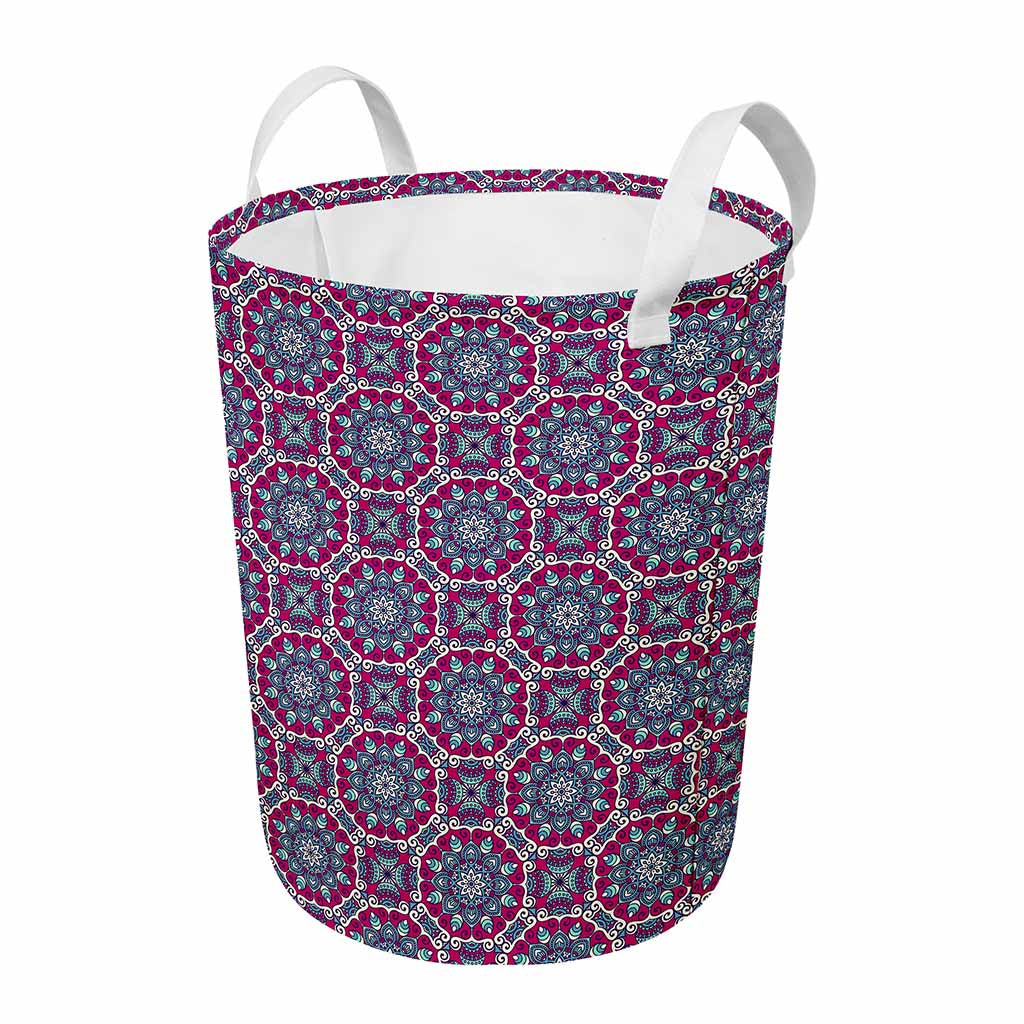Magenta Mandala Bohemian Pattern Print Round Laundry Basket