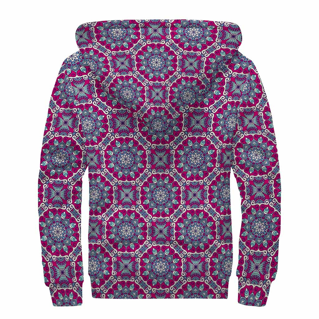 Magenta Mandala Bohemian Pattern Print Sherpa Lined Zip Up Hoodie