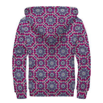 Magenta Mandala Bohemian Pattern Print Sherpa Lined Zip Up Hoodie
