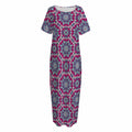 Magenta Mandala Bohemian Pattern Print Short Sleeve Long Nightdress