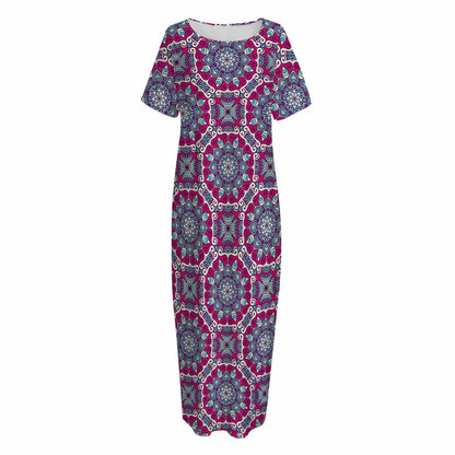Magenta Mandala Bohemian Pattern Print Short Sleeve Long Nightdress
