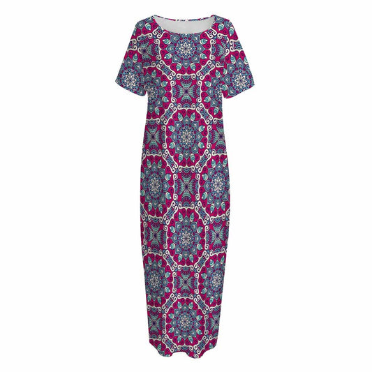 Magenta Mandala Bohemian Pattern Print Short Sleeve Long Nightdress