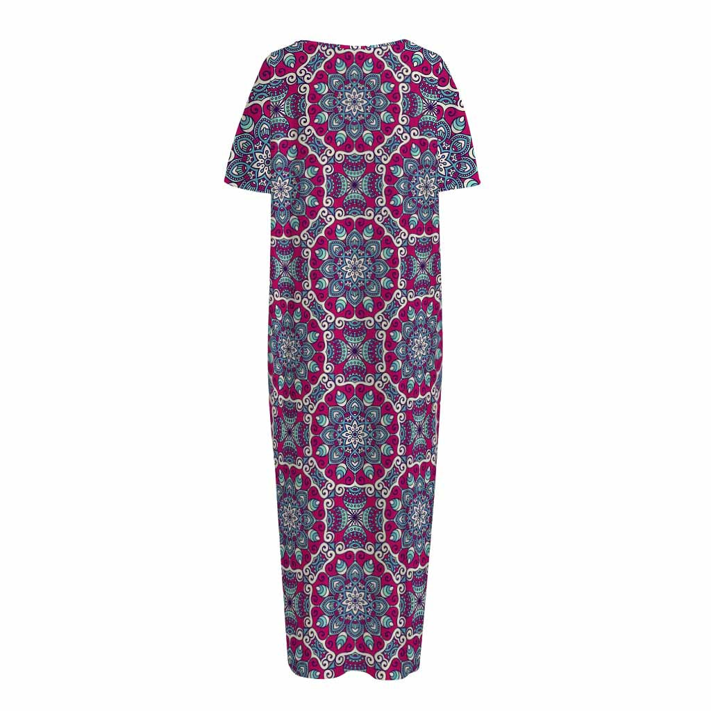 Magenta Mandala Bohemian Pattern Print Short Sleeve Long Nightdress