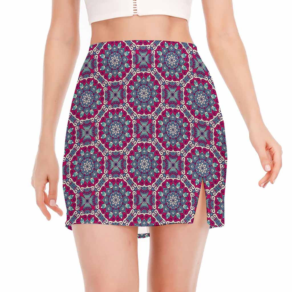 Magenta Mandala Bohemian Pattern Print Side Slit Mini Skirt