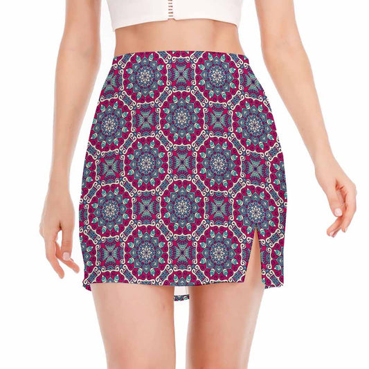 Magenta Mandala Bohemian Pattern Print Side Slit Mini Skirt