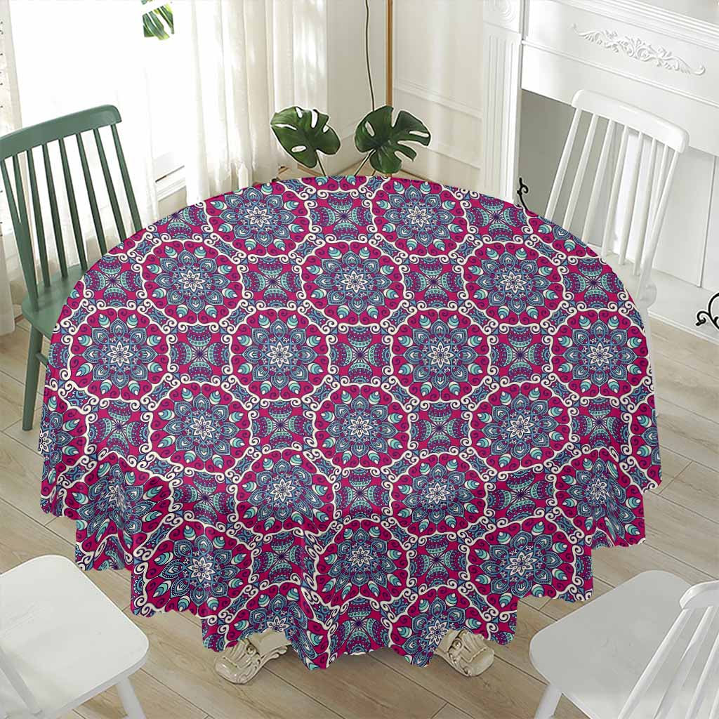 Magenta Mandala Bohemian Pattern Print Waterproof Round Tablecloth