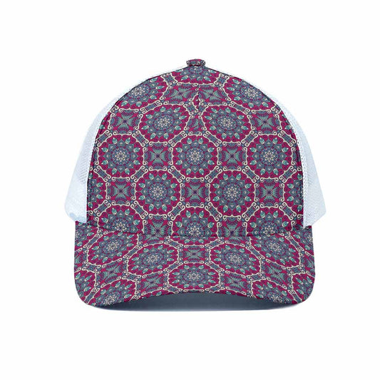 Magenta Mandala Bohemian Pattern Print White Mesh Trucker Cap