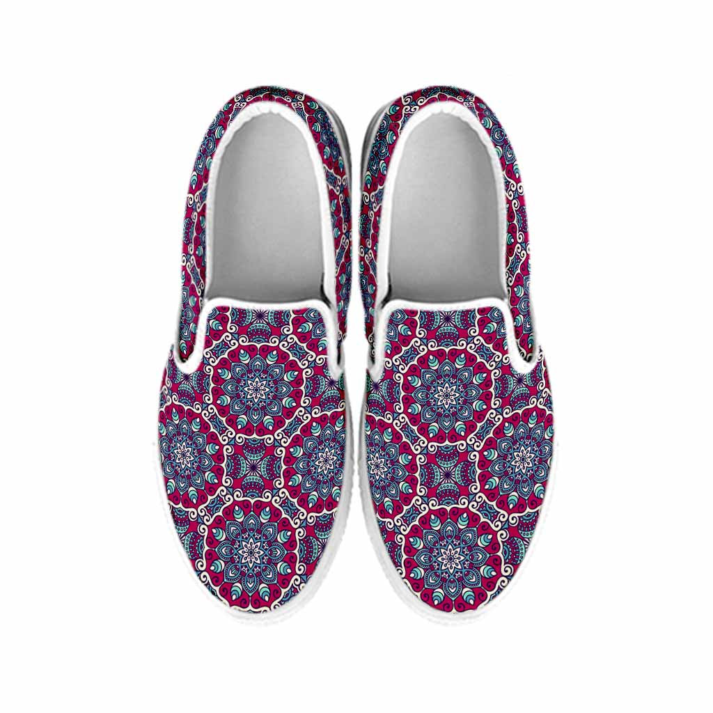 Magenta Mandala Bohemian Pattern Print White Slip On Sneakers