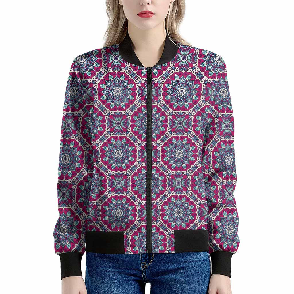 Magenta Mandala Bohemian Pattern Print Women's Bomber Jacket