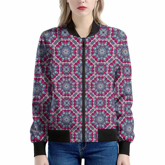 Magenta Mandala Bohemian Pattern Print Women's Bomber Jacket