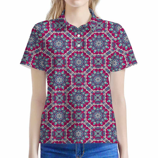 Magenta Mandala Bohemian Pattern Print Women's Polo Shirt