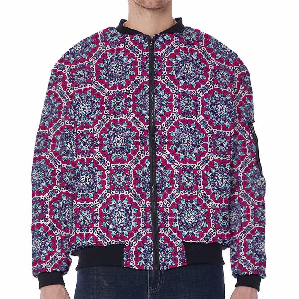 Magenta Mandala Bohemian Pattern Print Zip Sleeve Bomber Jacket