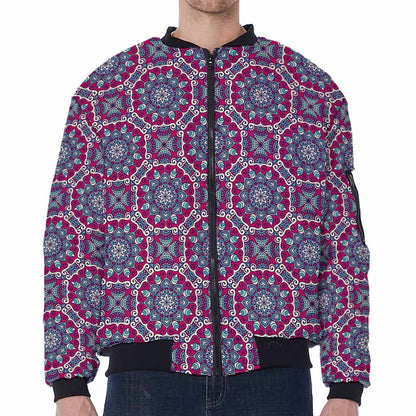 Magenta Mandala Bohemian Pattern Print Zip Sleeve Bomber Jacket