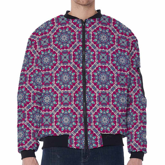 Magenta Mandala Bohemian Pattern Print Zip Sleeve Bomber Jacket