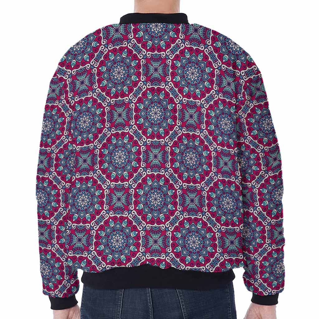 Magenta Mandala Bohemian Pattern Print Zip Sleeve Bomber Jacket