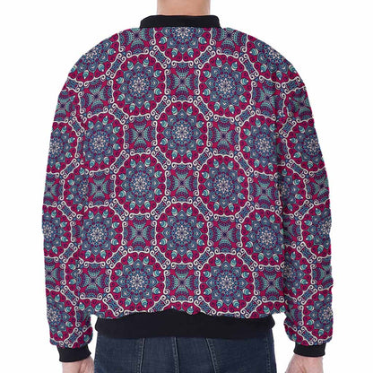 Magenta Mandala Bohemian Pattern Print Zip Sleeve Bomber Jacket