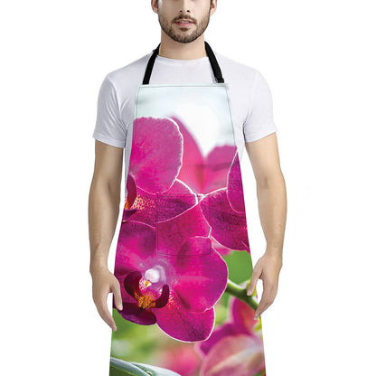 Magenta Orchid Flower Print Bib Apron With Pocket