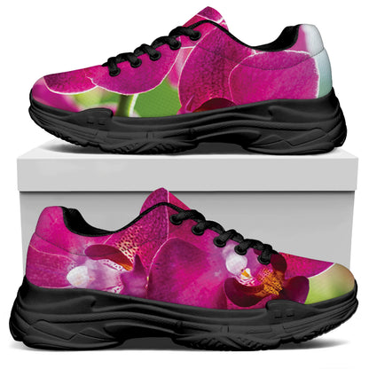 Magenta Orchid Flower Print Black Chunky Shoes