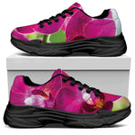 Magenta Orchid Flower Print Black Chunky Shoes