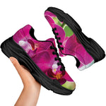 Magenta Orchid Flower Print Black Chunky Shoes