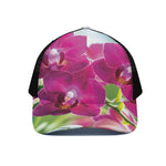 Magenta Orchid Flower Print Black Mesh Trucker Cap