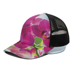 Magenta Orchid Flower Print Black Mesh Trucker Cap