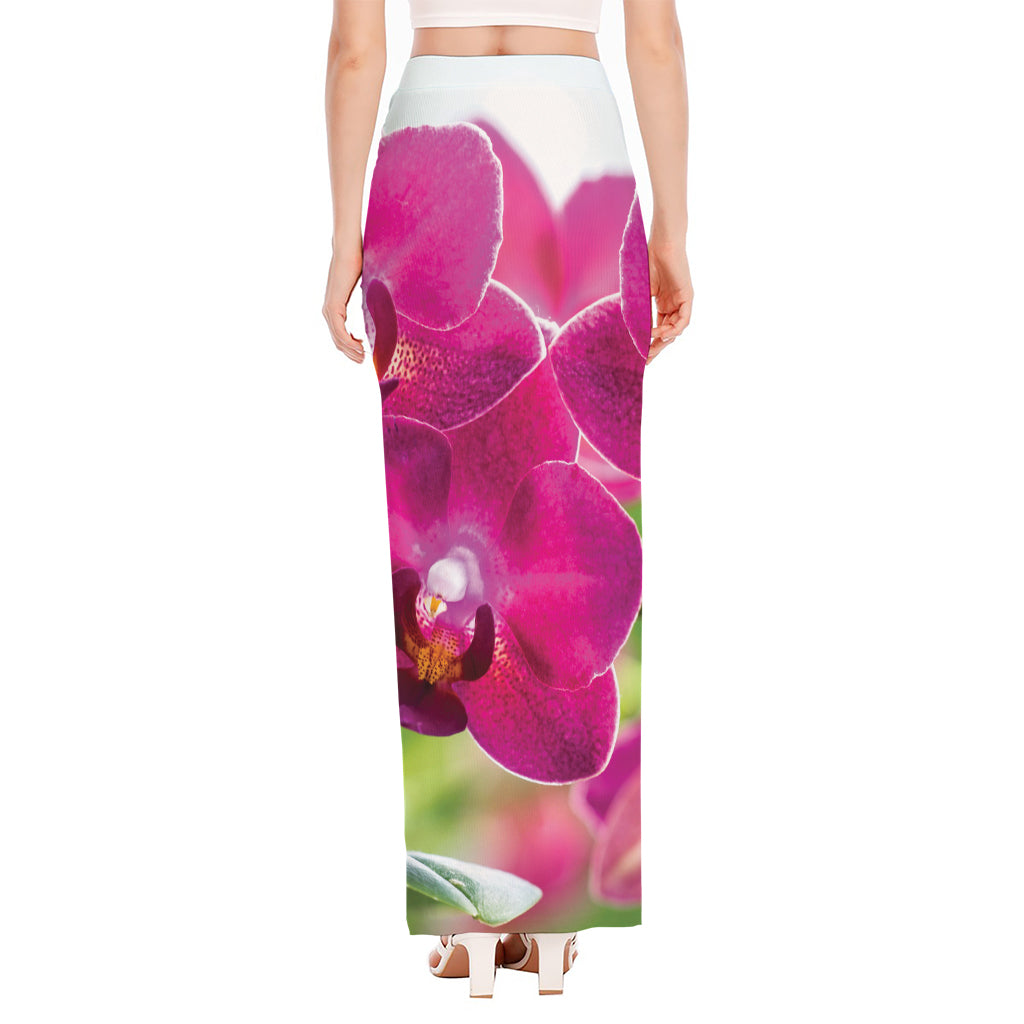 Magenta Orchid Flower Print High Slit Maxi Skirt