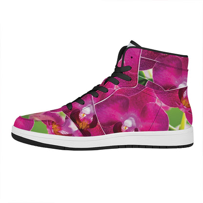Magenta Orchid Flower Print High Top Leather Sneakers