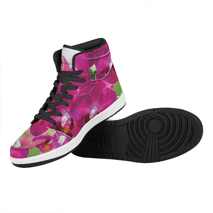 Magenta Orchid Flower Print High Top Leather Sneakers