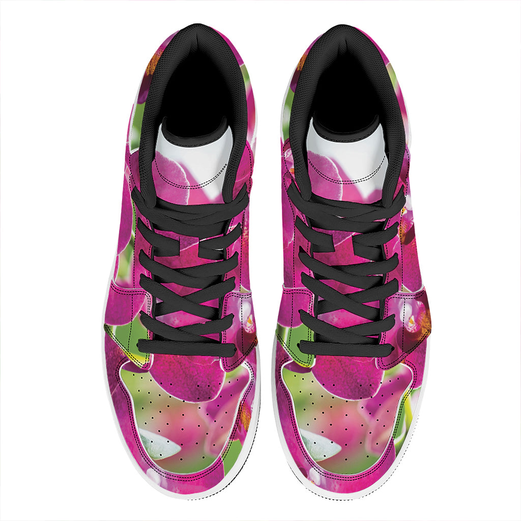 Magenta Orchid Flower Print High Top Leather Sneakers