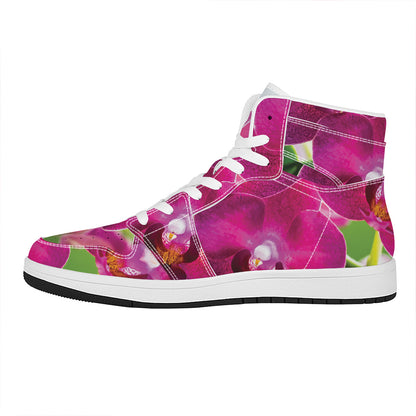 Magenta Orchid Flower Print High Top Leather Sneakers