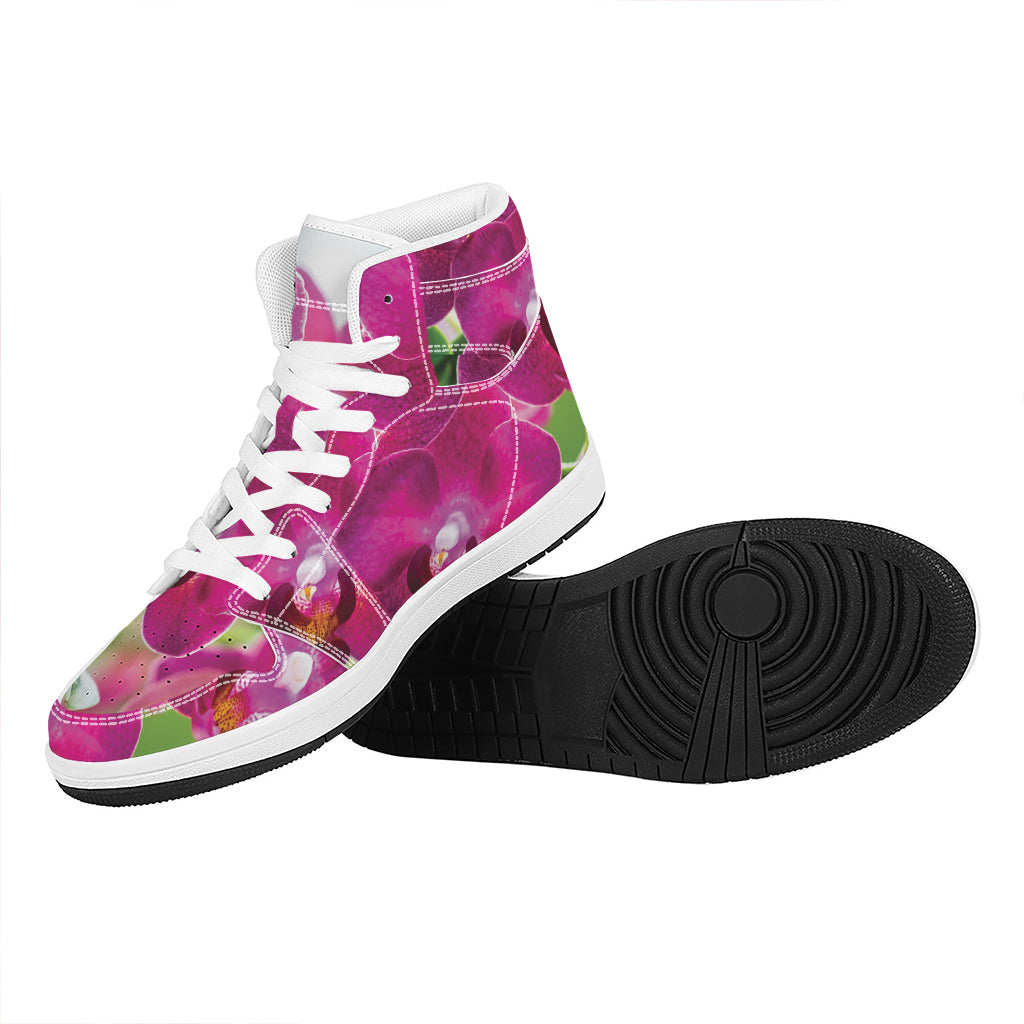 Magenta Orchid Flower Print High Top Leather Sneakers