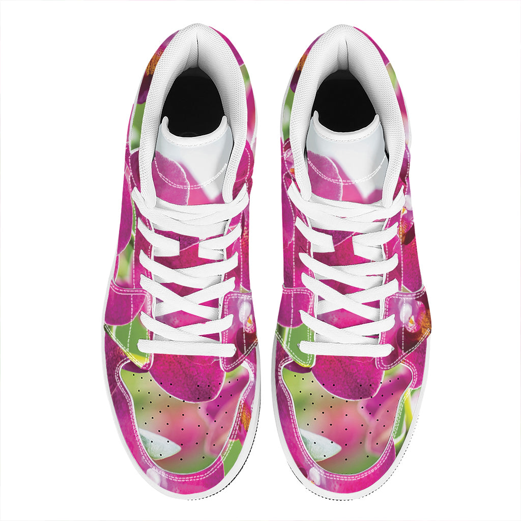 Magenta Orchid Flower Print High Top Leather Sneakers