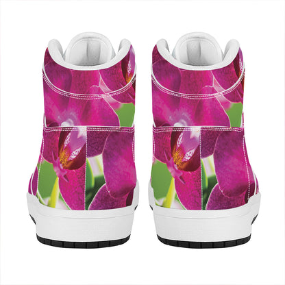 Magenta Orchid Flower Print High Top Leather Sneakers