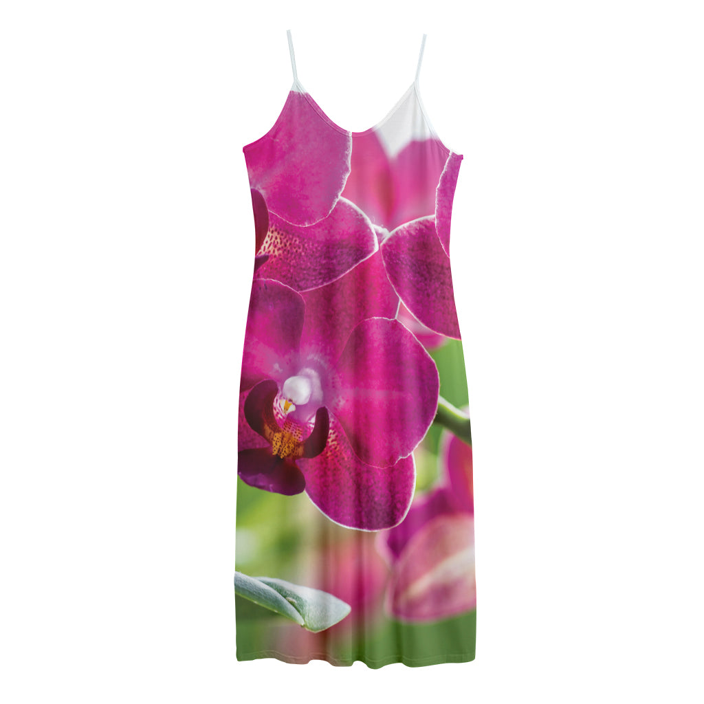 Magenta Orchid Flower Print Jersey Midi Cami Dress