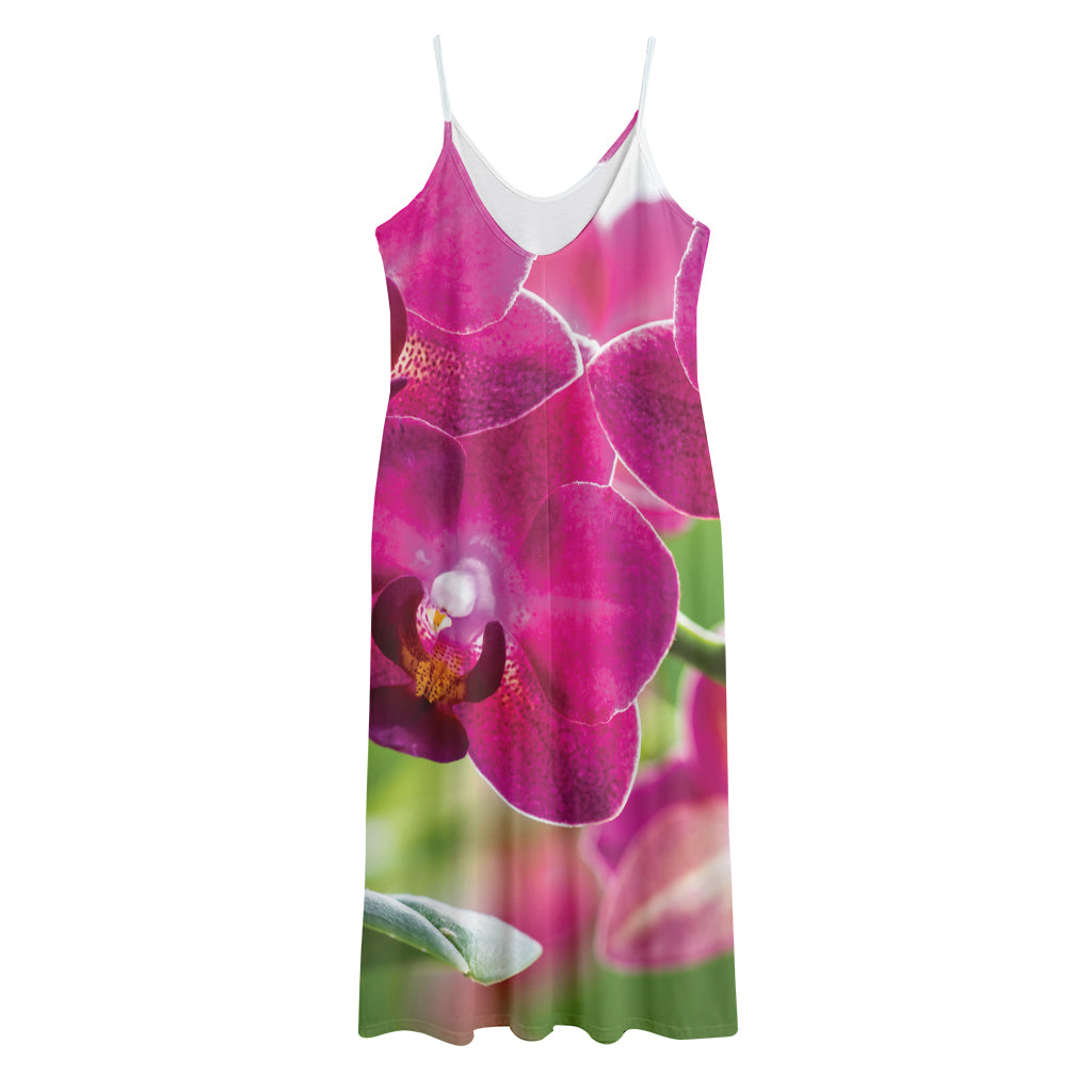 Magenta Orchid Flower Print Jersey Midi Cami Dress