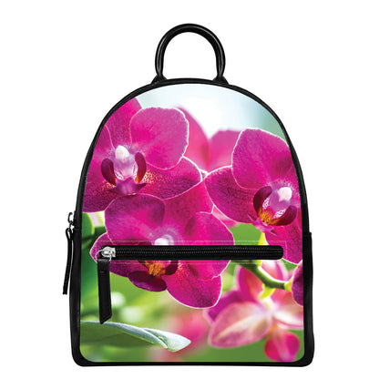 Magenta Orchid Flower Print Leather Backpack