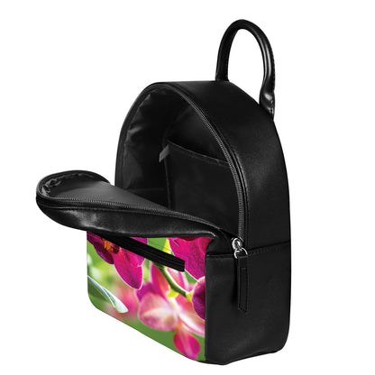 Magenta Orchid Flower Print Leather Backpack
